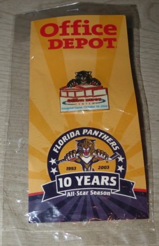 Special pin from the Florida Panthers from Opening Night in 2002! This was the first season the arena was named the Office Depot Center. They also celebrated their 10 Year Anniversary in the league, as well as the fact that they were to host the All-Star Game that season!