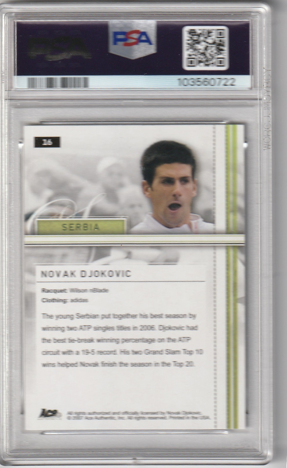 Novak Djokovic 2007 Ace Authentic Straight Sets Bronze #16 - PSA 10 - Image 2