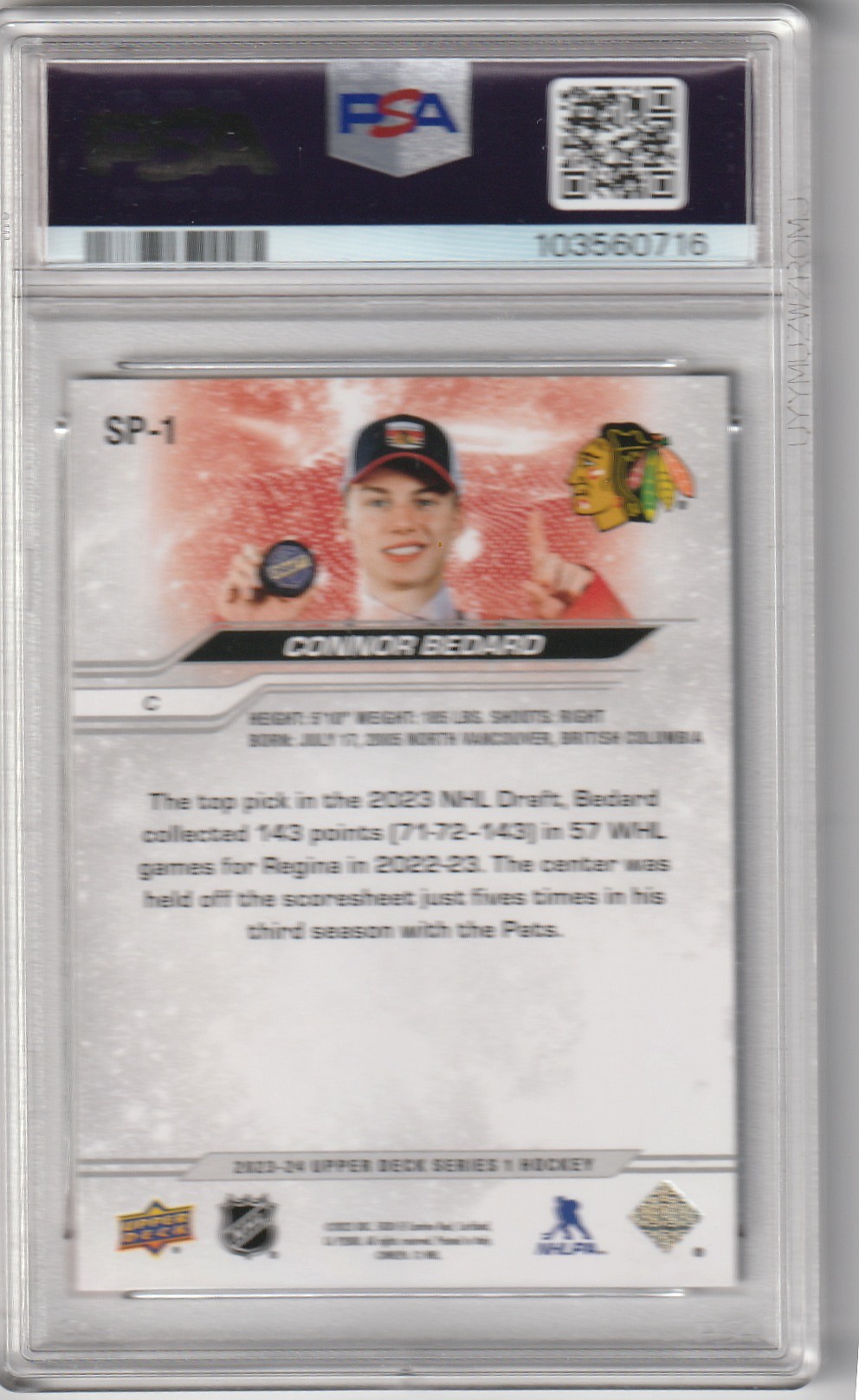 Connor Bedard 2023-24 Upper Deck #SP1 SP - Chicago Blackhawks - PSA 9 - Image 2